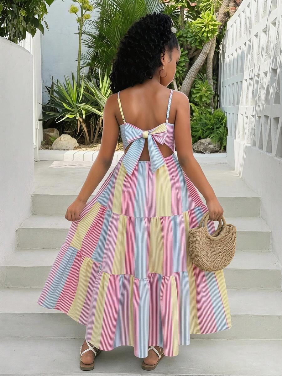 Vestido de tirantes con volantes y lazo en la espalda con rayas de colores para niñas preadolescentes, vestido de vacaciones para verano y playa - Multicolor - Ver 1