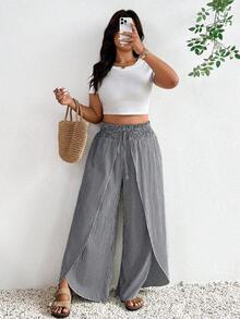 SHEIN Frenchy Quần ống rộng dáng suông kẻ caro dành cho nữ cỡ lớn, cạp chun co giãn, thắt dây, thích hợp cho kỳ nghỉ. - Đen và trắng - Xem 4