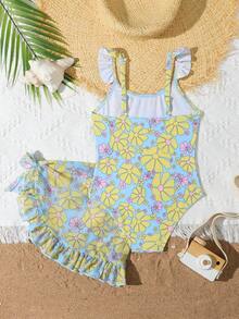 Bộ đồ bơi liền thân (size nhỏ) cho bé gái, họa tiết hoa màu vàng, kiểu áo liền quần in hoa phối váy lưới, thích hợp cho bãi biển, kỳ nghỉ, bãi cát, vui chơi, du lịch, lý tưởng cho mùa hè. - Nhiều màu - Xem 2