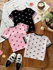 3pcs/Set Girls Toddler Digital Print Short Sleeve Round Neck T-Shirts, Spring/Summer - Multicolor - View 2