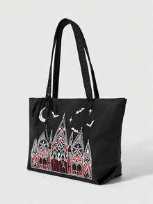 ROMWE Goth 黑色哥德式大教堂窗格月亮星星刺繡托特包，黑色女巫神秘風尼龍單肩包，大容量學院風女款手提包 - 黑色B - 查看 2