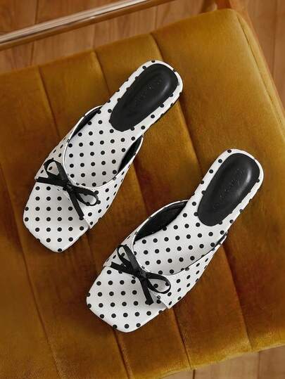 Eladyva 2026 Women's Summer New Polka Dot Bow Decor Flat Sandals, Soft Bottom Comfortable, Black & White Polka Dot Classic, Breathable Fabric Suitable For Daily Commute, Shopping, Beach, Vacation, Hanging Out With Friends, Mother's Day, Valentine's Day, Women's Day, Long-Lasting Comfort For Multiple Occasions