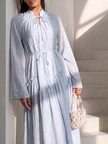 Veilorie Women's Solid Color Tie Neck Raglan Sleeve Arabic Style Dress Summer Modest - Blue - View 2