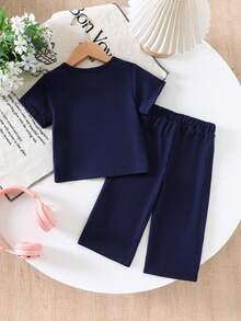 SHEIN Elladie kids 女嬰夏季可愛深藍色 & 粉色蝴蝶結套裝 LOS ANGELES 95 印花短袖上衣 & 寬腿長褲 柔軟運動休閒日常度假穿搭 - 藏蓝色 - 查看 3