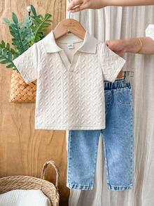 SHEIN Vintaside Kids Bộ đồ cho bé trai gồm áo tay ngắn cổ bẻ và quần jean bạc màu thời trang, thích hợp mặc hàng ngày, đi cắm trại cùng gia đình, ăn uống hoặc mua sắm. - Màu Khaki - Xem 3