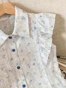 Modelyn Women's Digital Print Floral Ruffle Sleeve Blouse, Fashionable Age-Reducing, Spring/Summer Tea Party Date White And Blue Floral Elegant Cutesy - Multicolor - View 3