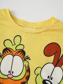 GARFIELD | SHEIN 卡通印花短袖上衣和裤子睡衣套装，适合小女孩 - 黃色 - 查看 4