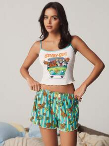 SCOOBY-DOO X SHEIN Bộ đồ ngủ nữ in hình hoạt hình, áo hai dây và quần short - Nhiều màu - Xem 6