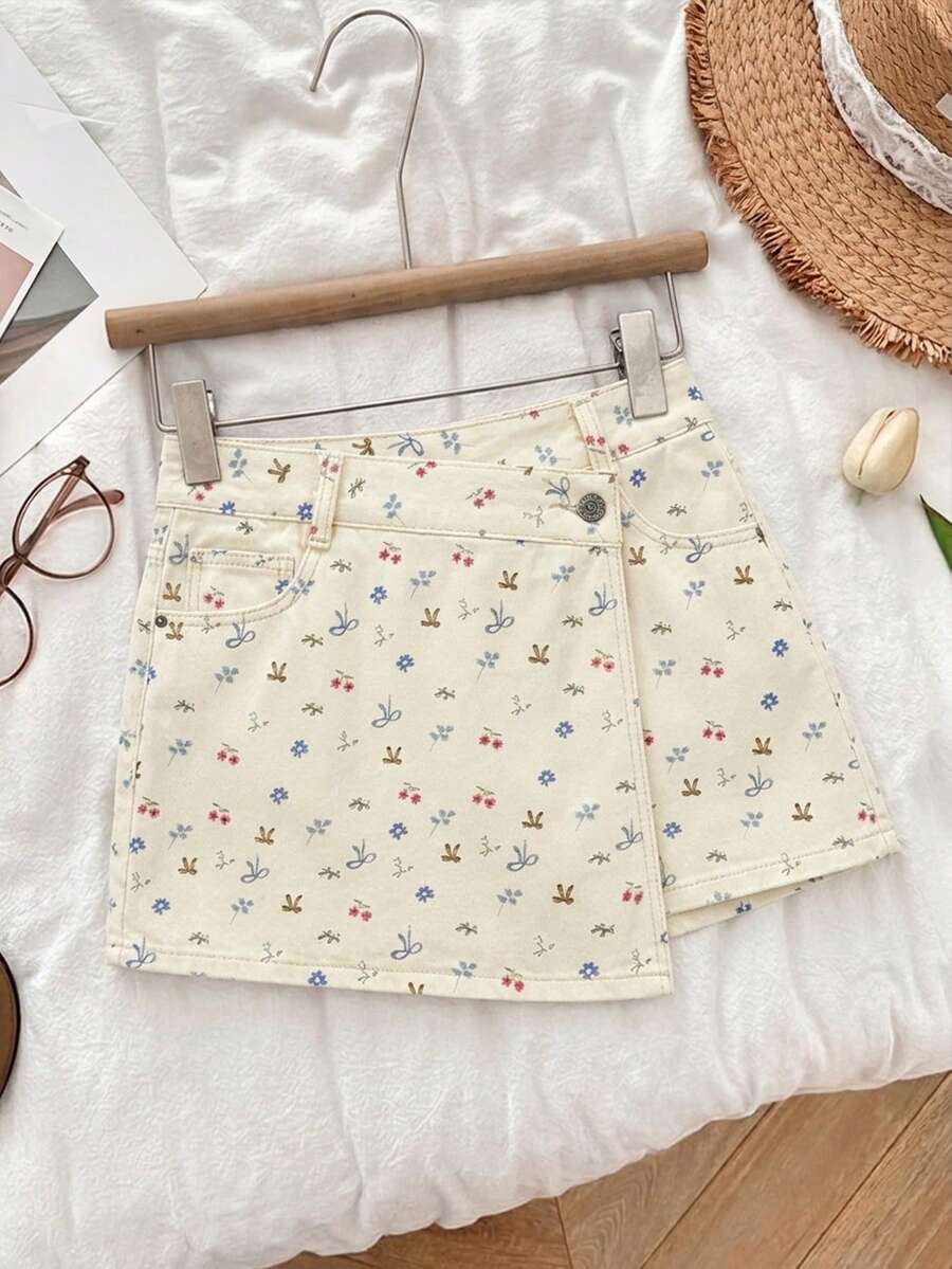 Sweetra Women's Pocketed Button-Decorated Casual Versatile Daily Wear Denim Mini Skirt - White - View 1