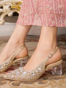 CUCCOO TILAWA Women's Crystal And Glass Rhinestone Pointed Champagne High-Heeled Shoes, Suitable For Going Out, Banquets, Parties And Other Activities - Champagne - View 3
