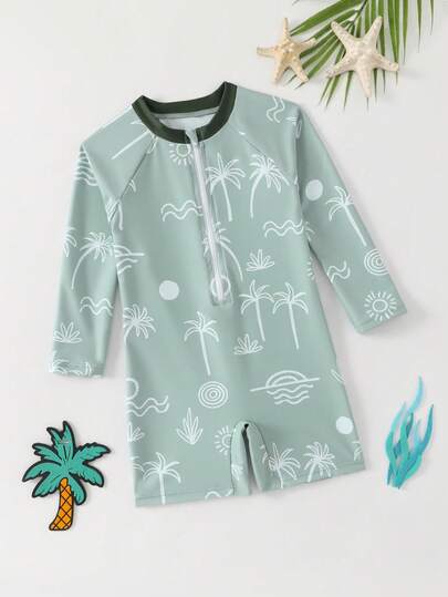SHEIN Đồ bơi cho bé trai, họa tiết cây dừa tươi mát, áo chống nắng dài tay cho bé, bộ đồ bơi vui nhộn cho trẻ em, đồ bơi liền thân cho trẻ sơ sinh, đồ bơi thời trang cho bé trai.
