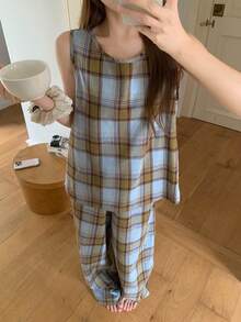 Livesso Women's Plaid Vest And Pants Pajama Set - Purple - View 4