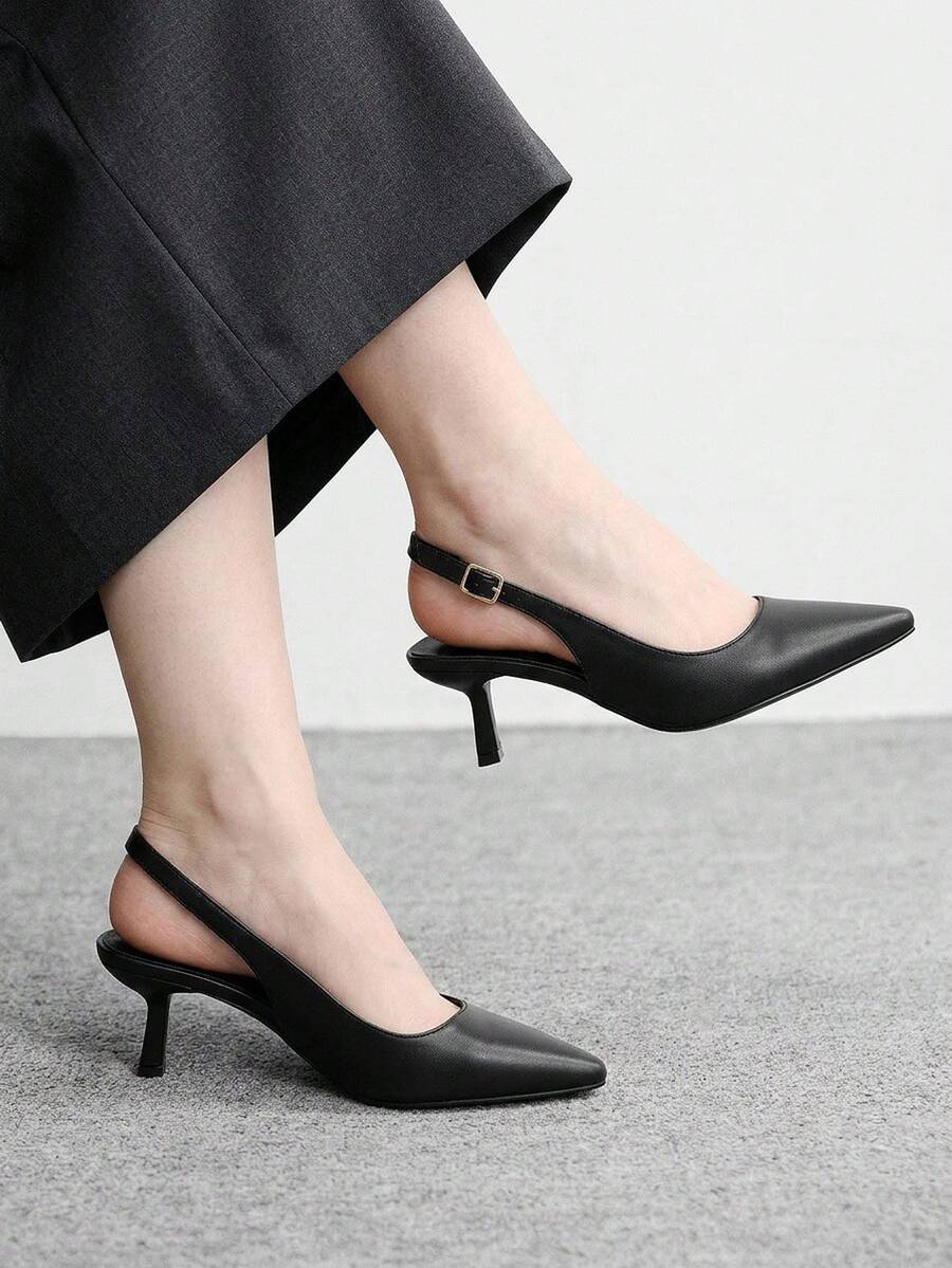CUCCOO BIZCHIC Zapatos de mujer de tacón bajo, versátiles y cómodos, con correa trasera, elegantes, de punta fina, de tacón alto para banquetes en color negro - Negro - Ver 1
