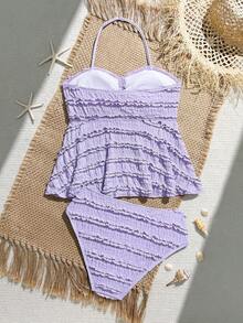 SHEIN 少女坦克背心式泳衣，纯色可爱提花面料，挂脖荷叶边设计，两件套泳装，欧美时尚精致休闲优雅女士款，适合游泳、海滩、度假、夏季穿着。 - 淡紫色 - 查看 2