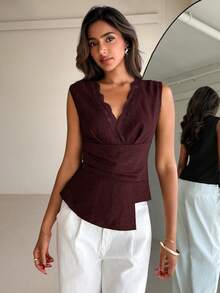 Aloruh New Minimalist Fashion Commuter Lace Patchwork Waist Ruched Asymmetric V-Neck Pullover Blouse - Burgundy - View 4