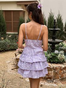 Cévolie Women's Jacquard Ruffle Hem Spaghetti Strap Dress - Purple - View 2