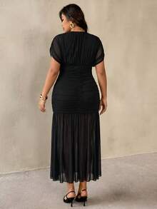 Auralis Plus Size Women V-Neck Short Sleeve Ruched Elegant Curve Dress Black For Wedding Cocktail Guest Graduation Party Summer - Black - View 2