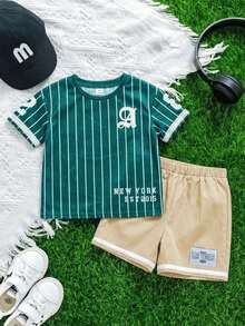 SHEIN 2件套儿童男童绿色棒球服套装，短袖圆领T恤和短裤，运动服，春夏男童服装 - 彩色 - 查看 3