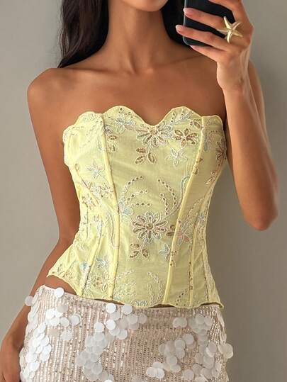 Aloruh Women's New Sequin Crop Top, Strapless Bustier Bra, Party Wear, Vintage Glamorous Y2K Clothing