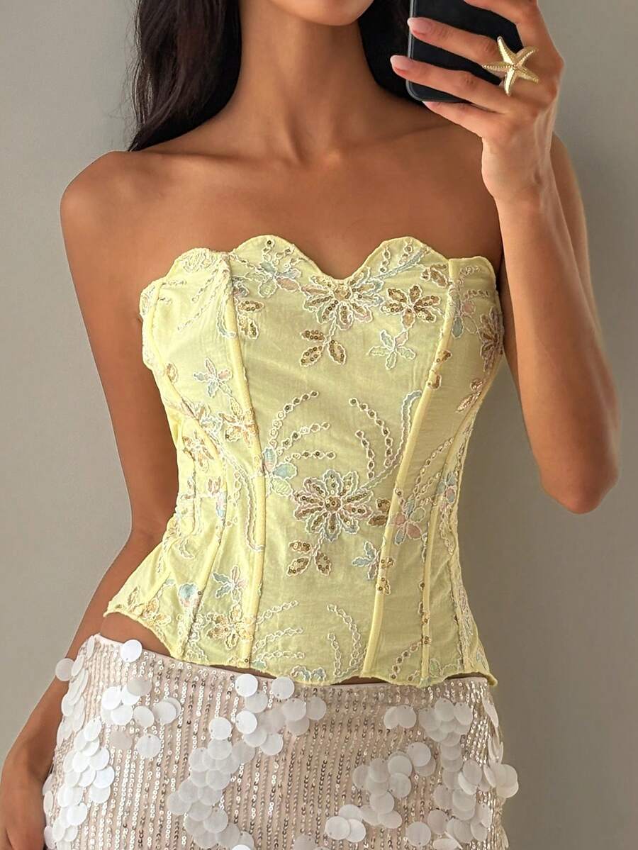 Aloruh Áo croptop đính sequin mới dành cho nữ, áo corset không dây, trang phục dự tiệc, phong cách quyến rũ cổ điển Y2K. - Màu vàng - Xem 1