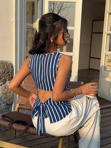 Siren Gaze Áo camisole nữ mùa hè dáng rộng, kẻ sọc, nhún bèo, thắt eo - Xanh và trắng - Xem 2