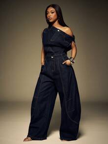 Denimoi Bộ áo liền quần denim trễ vai, áo liền quần thời trang, áo liền quần ống loe, áo liền quần jean ống rộng, áo liền quần ống loe, trang phục đường phố, trang phục dự tiệc brunch. - Rửa tối - Xem 1
