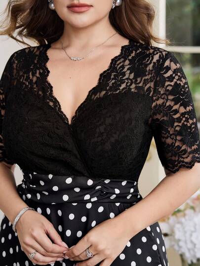 Modelyn Plus Size Elegant Black Polka Dot & Lace Patchwork Casual Loose Long Dress, Suitable For Daily Wear And Vacation, Spring/Summer