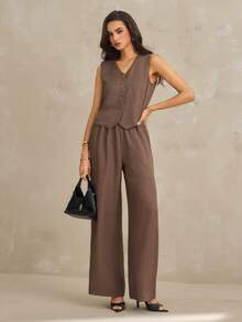 SHEIN Tall Bộ đồ nữ thường ngày gồm áo ba lỗ cổ chữ V và quần dài, thích hợp cho mùa xuân/hè. - Màu nâu Sô-cô-la - Xem 1