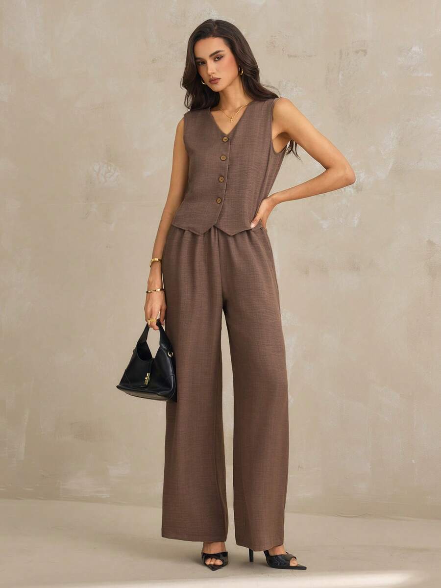 SHEIN Tall Bộ đồ nữ thường ngày gồm áo ba lỗ cổ chữ V và quần dài, thích hợp cho mùa xuân/hè. - Màu nâu Sô-cô-la - Xem 1