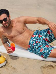 DAZY Tropical Plant Print Men's Beach Shorts, Summer Vacation Style - Multicolor - View 6