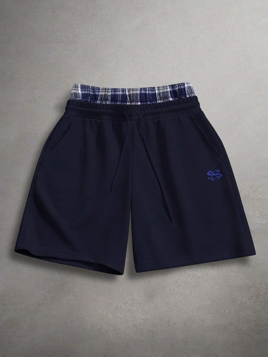 STYNVO Quần short nam mùa hè kiểu dáng thường ngày, phối họa tiết kẻ caro, thêu chữ, có dây rút ở eo. - Màu xanh hải quân - Xem 1