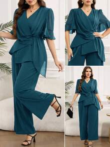 SHEIN Clasi Plus Size Women Solid Color Pleated Design Shirt And Pants Elegant 2 Pieces Set - Teal Blue - View 1