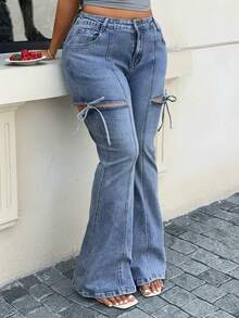 Dazy Plus Calça Jeans Flare com Laço Rasgado, Estilo de Rua Casual, Azul, Adequado para Verão, Primavera, Outono, Festival de Música, Plus Size Femininos, Todas as Estações - Lavagem Média - Visão 5