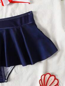 SHEIN 少女 7月4日日可愛蝴蝶結與美國國旗印花針織泳裝，運動風海灘套裝，休閒度假、露營、海灘姐妹款套裝 - 藍色 - 查看 4