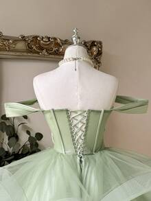 Lovelzi Elegant Queen Sage Green Winter Bridal Bridesmaid Formal Dress Bandeau Sequin Applique Satin Mesh Trim Tie-Back A-Line Silhouette Cocktail Prom - Mint Green - View 8