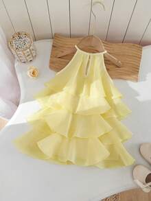 SHEIN Vestido de niña con cuello de volantes de varios niveles con decoración floral 3D de unicolor - Amarillo - Ver 7