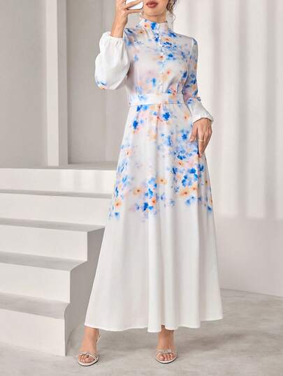 Al Najma 女士数码印花腰部喇叭长袖连衣裙