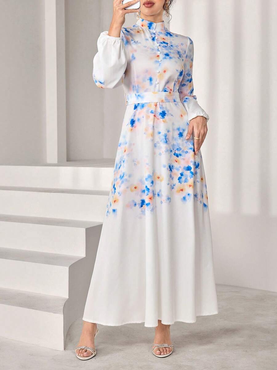 Al Najma 女士数码印花腰部喇叭长袖连衣裙 - 白色 - 查看 1