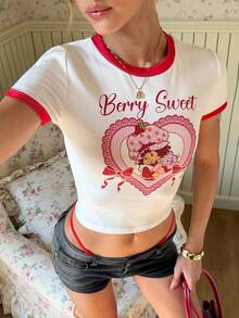 Strawberry Shortcake X SHEIN Women's Colorblock Crew Neck Short Sleeve Cropped T-Shirt, - White - View 5