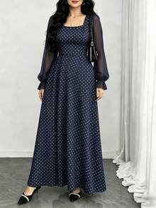 Modelyn Đầm maxi cỡ lớn màu xanh navy in chấm bi, đầm dài đơn giản cổ vuông tay phồng thời trang nữ, đầm maxi thanh lịch thắt eo mùa hè, thích hợp cho kỳ nghỉ hè và mặc hàng ngày. - Nhiều màu - Xem 5