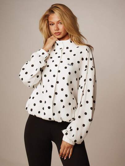 MISSGUIDED Polka Dot Funnel Neck Linen Feel Zip Up Lightweight Jacket With Branded Details Spring Summer Casual Outerwear
