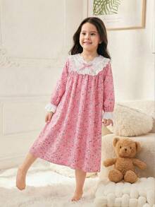 SHEIN LMoss Kids 少女休閒寬鬆花卉拼接家居服 - 彩色 - 查看 4