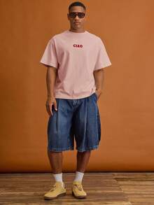 Musero Men Oversized Letter Front Chest Print Short Sleeve T-Shirt Summer Spring Vacation Holiday - Baby Pink - View 3