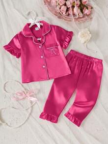 1 Set Baby Girls Hot Pink Satin Pajama Set, Lapel Short Sleeve Top & Ruffle Pants, Summer Cute - Watermelon Pink - View 5