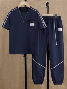 Vacaura 男童休闲白色条纹口袋设计短袖T恤和针织运动裤套装（2件套），春夏款 - 藏蓝色 - 查看 4