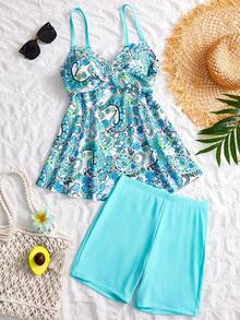Swim Lushoire Tenue de plage d'été pour femmes, débardeur à imprimé cachemire aléatoire et short de couleur unie 2 pièces, maillot de bain, convient pour les vacances à la plage - Multicolore - Voir 7
