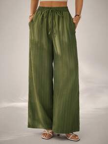 SHEIN PETITE Women's Casual Solid Color Drawstring Waist Slant Pocket Long Pants ,Petite Women - Army Green - View 3