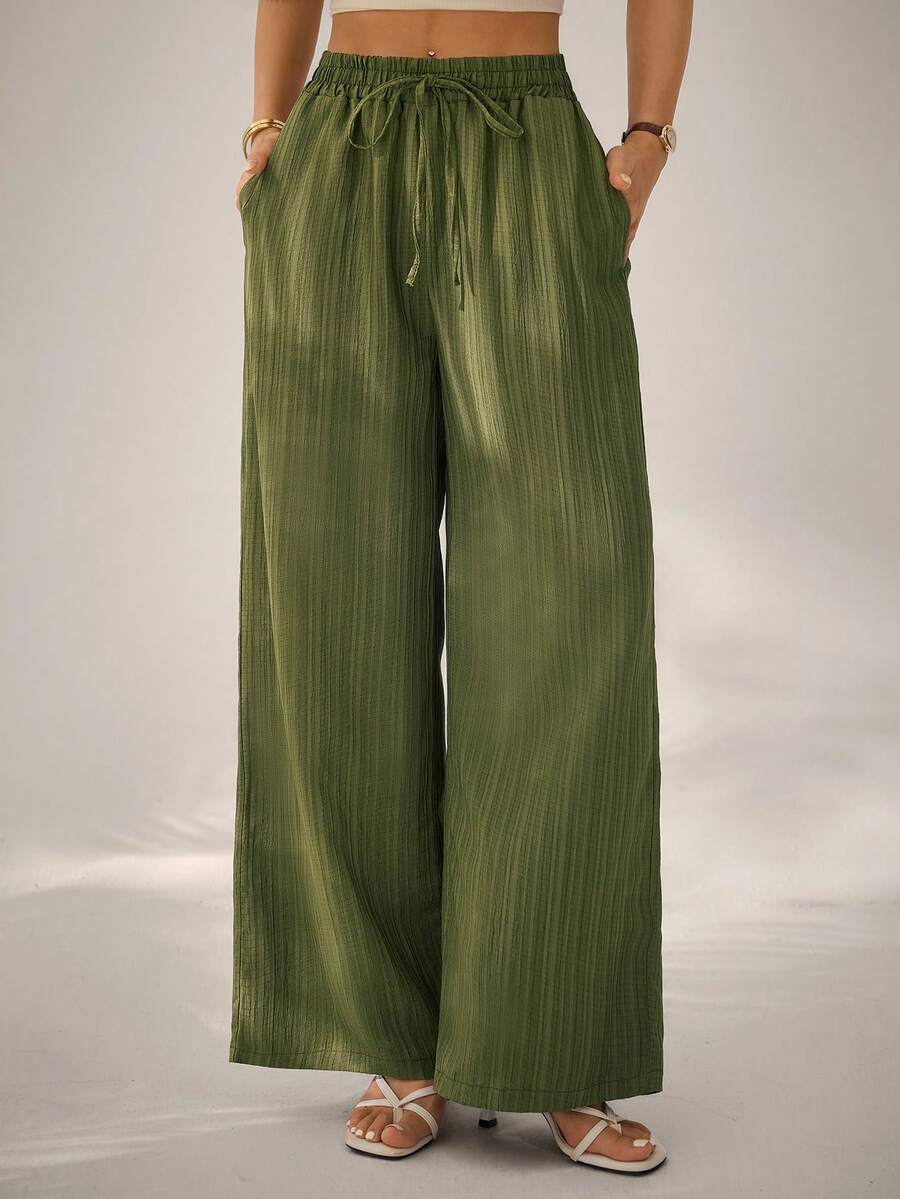 SHEIN PETITE Women's Casual Solid Color Drawstring Waist Slant Pocket Long Pants ,Petite Women - Army Green - View 1