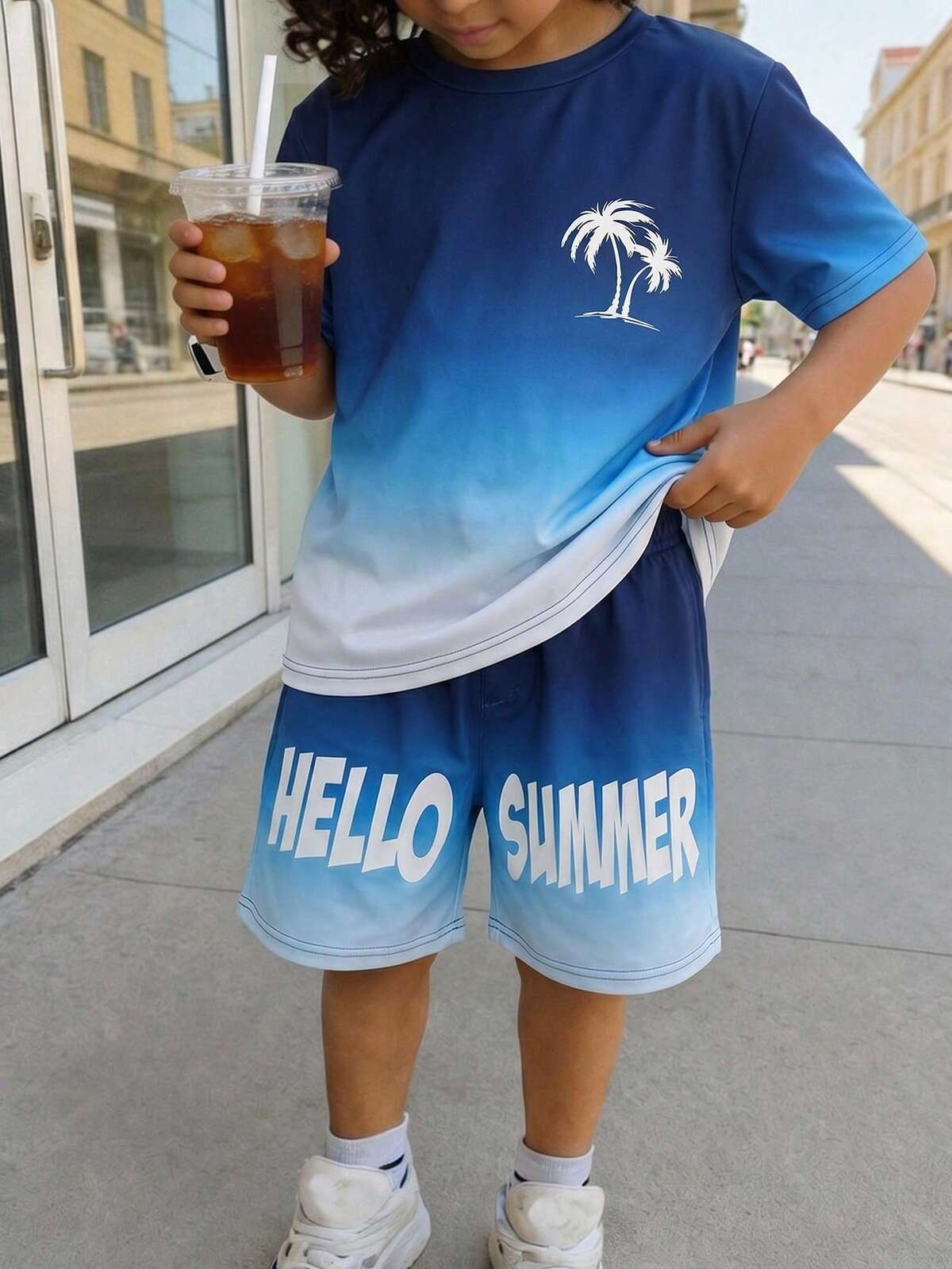 Vacaura Ensemble T-shirt & Short pour Adolescents Garçons, Top Printemps/Été avec Imprimé Palmier, Style Tropical, Short de Couleur Assortie, Tenue de Sport Extérieur Décontractée et Polyvalente 9