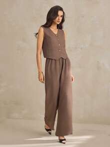 SHEIN Tall Bộ đồ nữ thường ngày gồm áo ba lỗ cổ chữ V và quần dài, thích hợp cho mùa xuân/hè. - Màu nâu Sô-cô-la - Xem 6